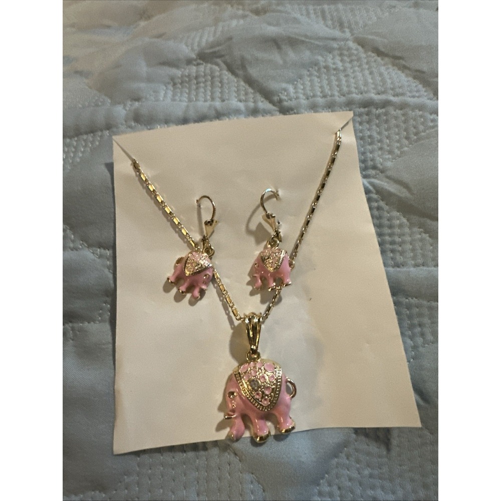 pink elephant Jewelry Set Necklace & Earrings Gold Tone Crystal Rhinestone Cute